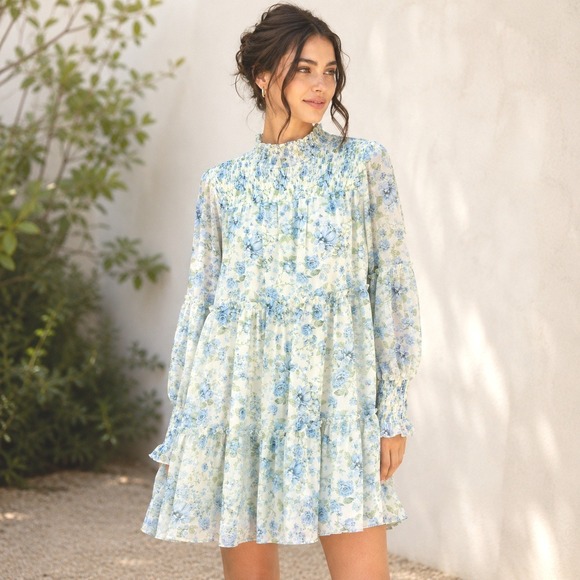 Storia Dresses & Skirts - Storia Cottagecore Floral Tiered Mini Dress S Babydoll Sheer Fairy Boho Coquette